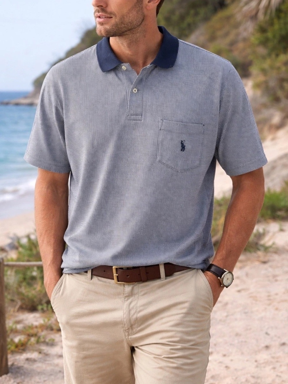 Vintage Polo Ralph Lauren USA Made Polo Shirt Mens XL Houndstooth Golf Navy